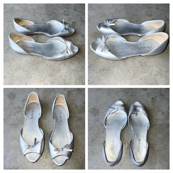 PRADA METALLIC SILVER LEATHER OPEN TOE FLATS - Picture 3 of 8